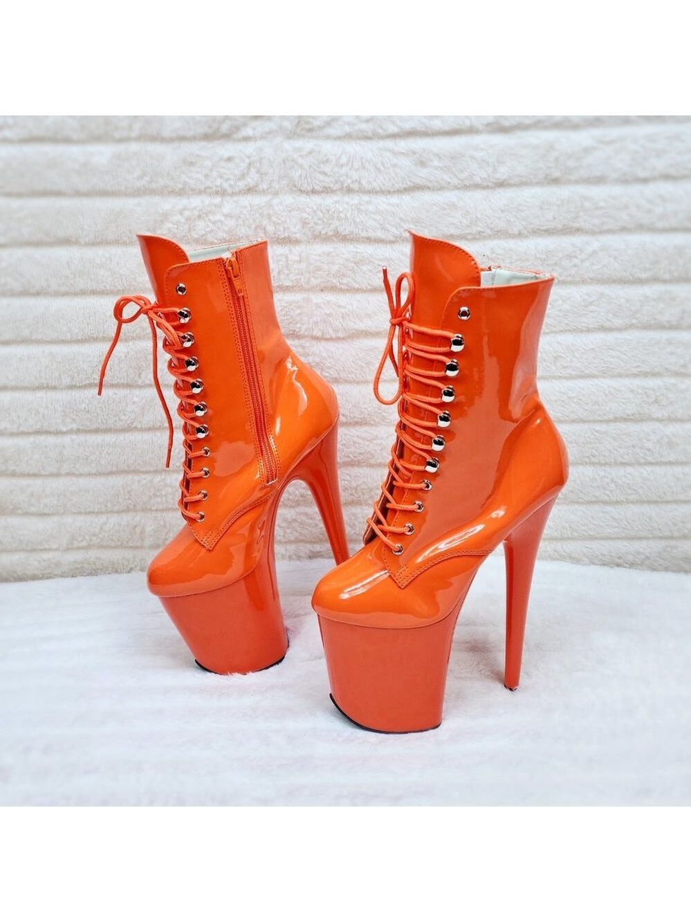 Flamingo Bright Orange Patent Towering 8" High Heel Platform Ankle Boots - Picture 2 of 11